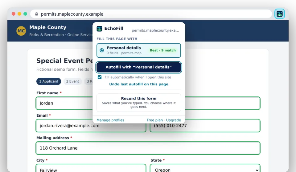 EchoFill suggesting saved details on a form